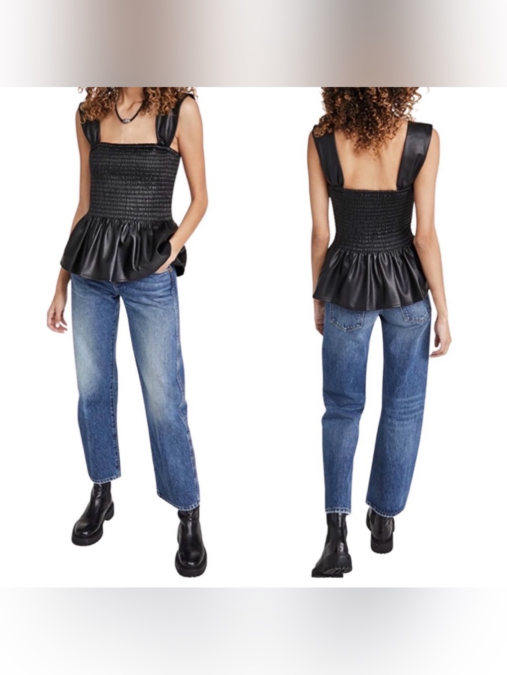 🔥 SALE Staud Black Vegan Leather Peplum Smocked Ida Top, size M - Picture 5 of 10